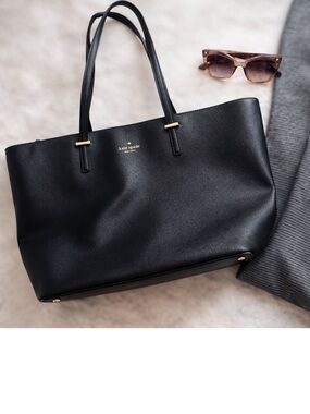 Kate Spade Black Leather Large Tote Gold Hardware Minimalist Work Shoulder Bag